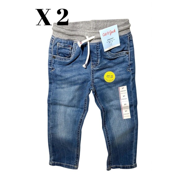 X2 Cat & Jack Toddler Boys Skinny Jeans Size 3T Super Stretch Drawstring Blue - Picture 1 of 4